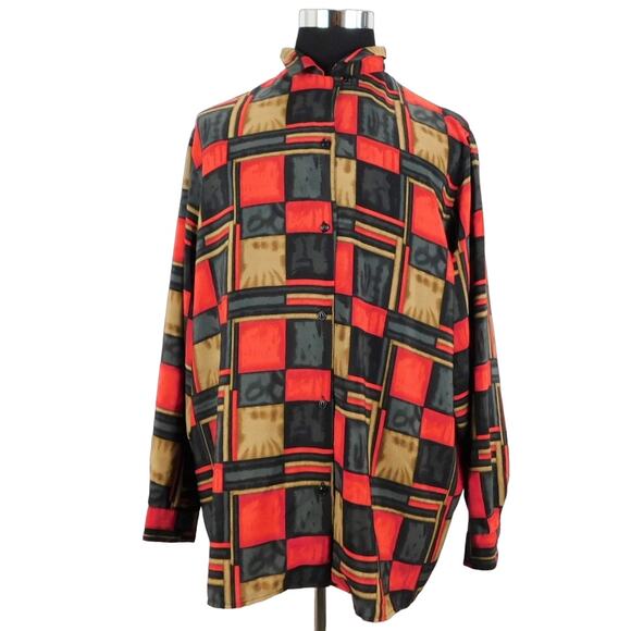 August Max Red Black Checkered Polyester Long Sleeve Button-Up Womens 24W Shirt - Picture 1 of 5